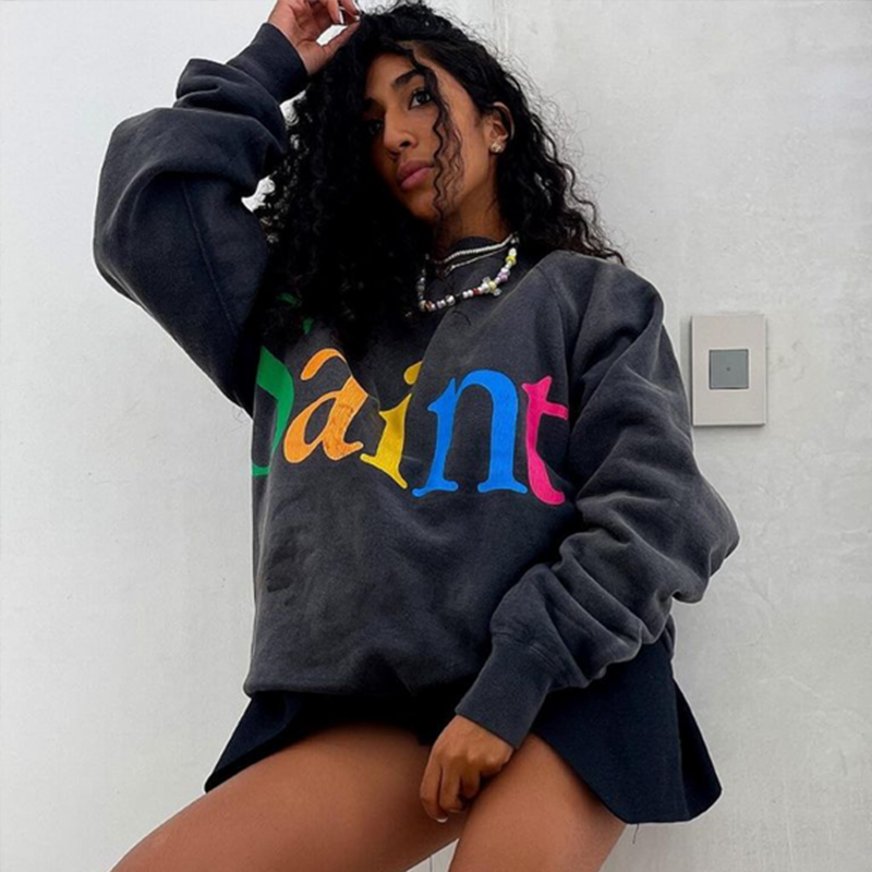 Saint Michael Hoodie Retro Distressed Graffiti Painted Print Loose