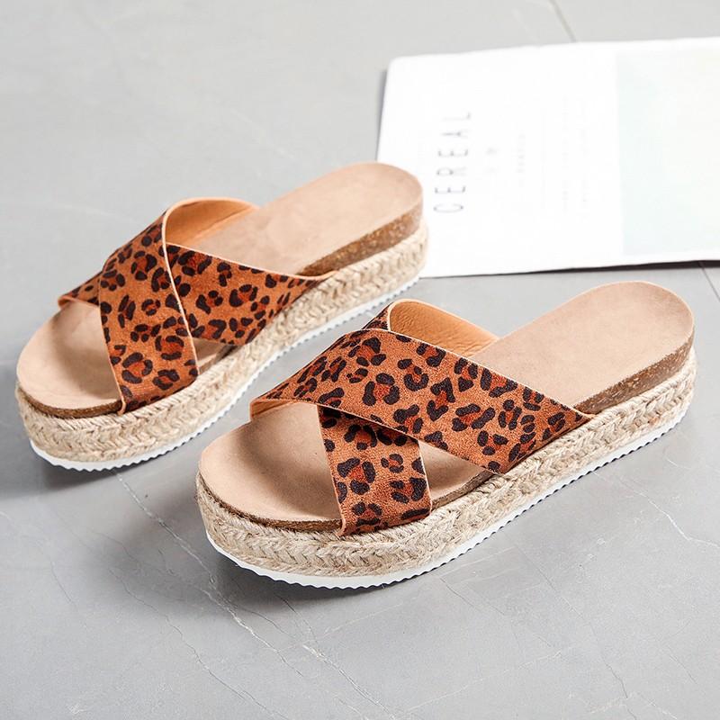 Women Open Toe Sands Flats Leopard Cross Breathable Casual Sandals