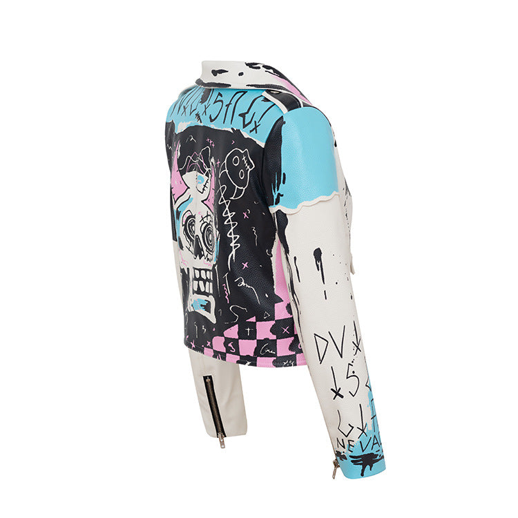 Punk Rock Jacket Graffiti Printing Rivet Motorcycle Leather Coat
