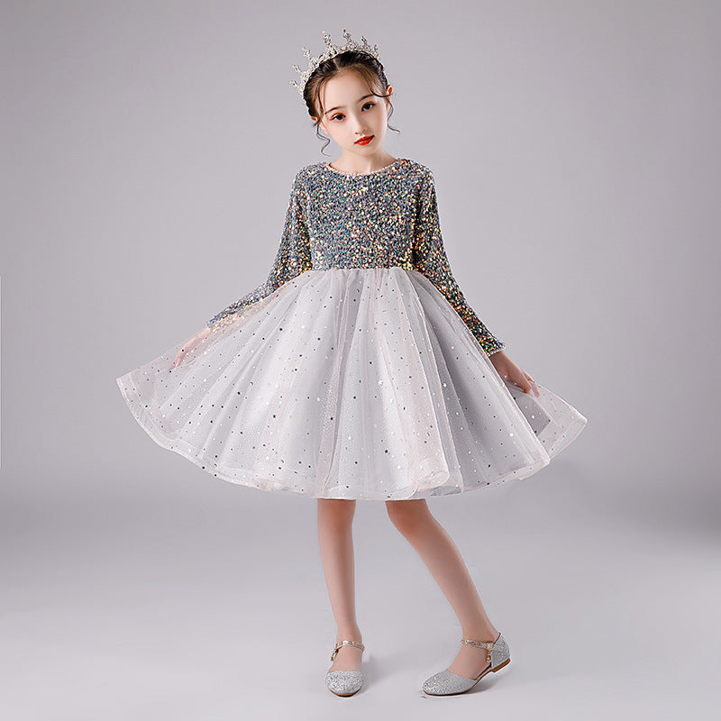 Princess Charlotte Flower Girl Dress Children Princess Dress Sequined Long Sleeve Piano Catwalk Performance Costumes