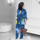 Women Patchwork Jeans Fashion Print Loose Jumpsuit