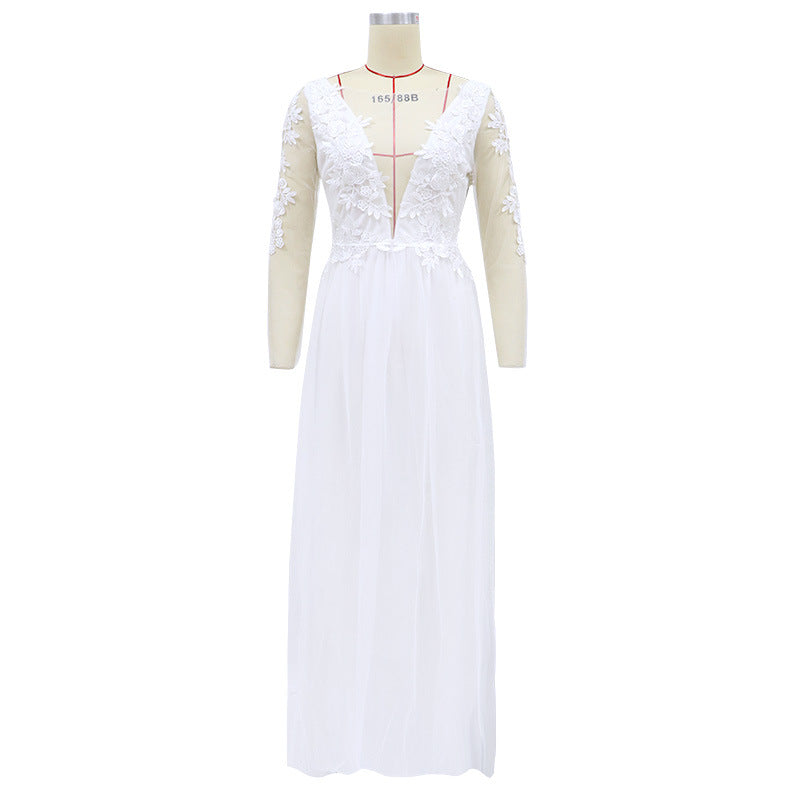Women Lace Wedding Dress Summer Dress V-neck Long Sleeve See-through White Dress