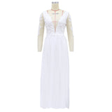 Women Lace Wedding Dress Summer Dress V-neck Long Sleeve See-through White Dress