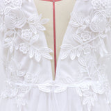 Women Lace Wedding Dress Summer Dress V-neck Long Sleeve See-through White Dress