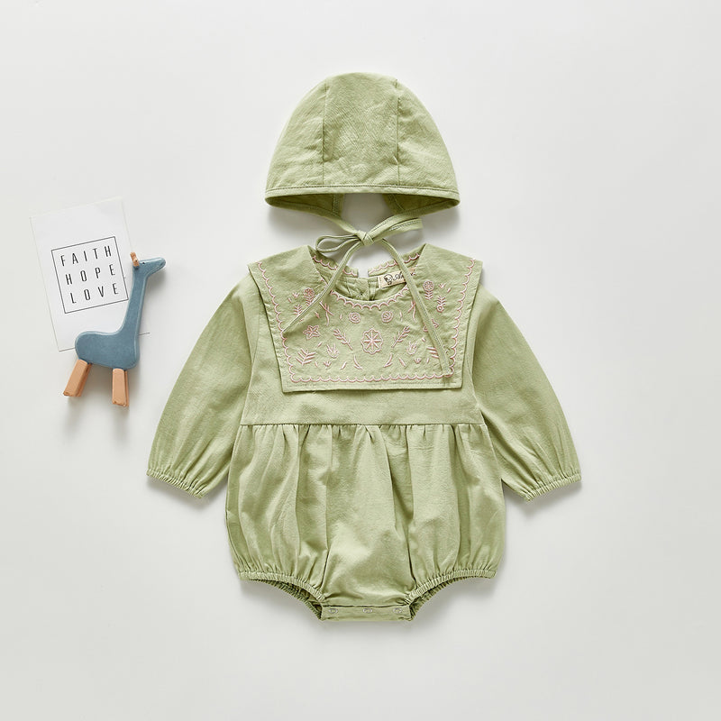 Spring Rompers Baby Embroidered Navy Collar Long Sleeve Jumpsuit Romper with Hat