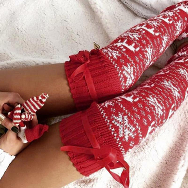 Winter Thick Knit Thigh High Socks Long Stockings Boot Christmas Elk Mid-Calf over the Knee Bunching Socks