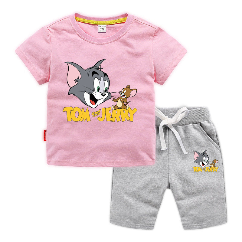 Summer Tom Jerry Children Short Sleeve Shorts Two-Piece Set