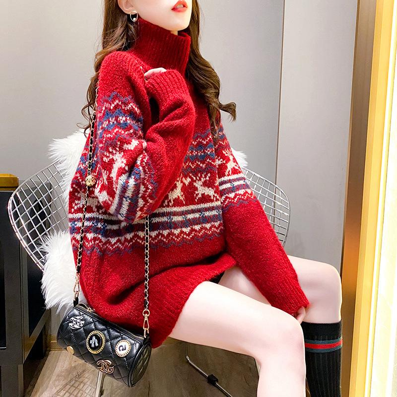 Fair Isle Sweater Cottagecore Outfits for Women Thick Turtleneck Sweater Women's Pullover Autumn and Winter Loose Retro
