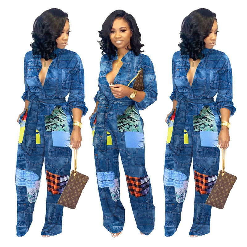 Women Patchwork Jeans Fashion Print Loose Jumpsuit