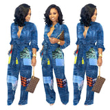Women Patchwork Jeans Fashion Print Loose Jumpsuit