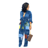 Women Patchwork Jeans Fashion Print Loose Jumpsuit