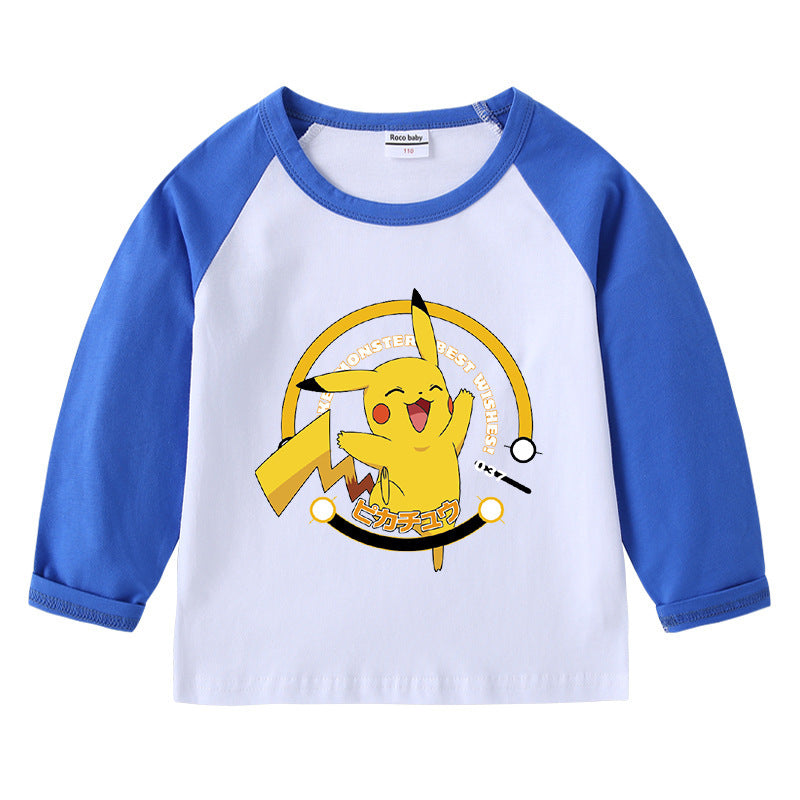 Children Pokemon Pikachu Hoodie Autumn Pikachu Children's Cotton Raglan T-shirt round Neck