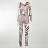 Winter Crew Neck Right Sleeveless Hip Raise Slim Fit Whirlpool Print Jumpsuit Women
