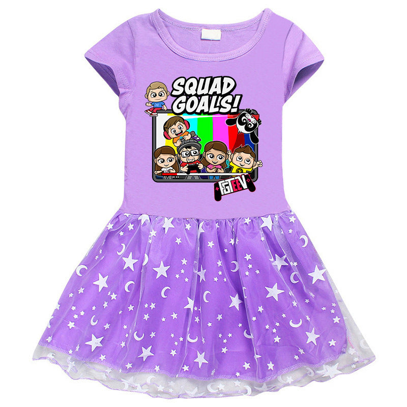 Fgteev Summer Short Sleeve Dress Cartoon Pleated Skirt
