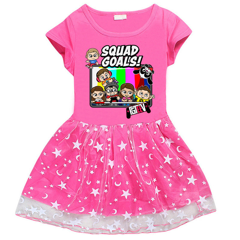 Fgteev Summer Short Sleeve Dress Cartoon Pleated Skirt