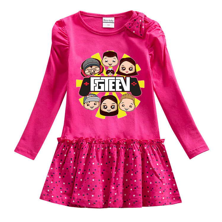 Fgteev Cotton Long-Sleeved Dress Polka Dot Pleated Skirt