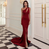 Burgundy Dresses For Wedding Wine Red Spring Sleeveless One-Shoulder Solid Color Small Trailing Birthday Party Dress