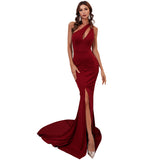 Burgundy Dresses For Wedding Wine Red Spring Sleeveless One-Shoulder Solid Color Small Trailing Birthday Party Dress