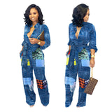 Women Patchwork Jeans Fashion Print Loose Jumpsuit
