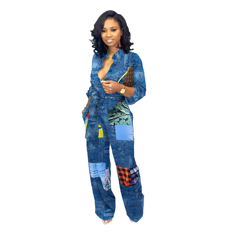 Women Patchwork Jeans Fashion Print Loose Jumpsuit
