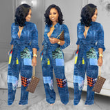 Women Patchwork Jeans Fashion Print Loose Jumpsuit