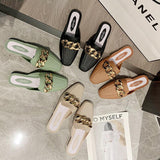 Finn Chain Pointed Toe Mule Summer Slippers Flat Lazy Casual Semi-Toe Box Sandals Outdoor Beach Shoes Women's Shoes