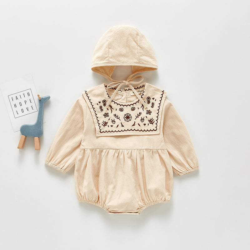 Spring Rompers Baby Embroidered Navy Collar Long Sleeve Jumpsuit Romper with Hat