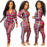 Women Plaid Catsuit Women Checkered Jumpsuit Women's Plaid Printed Zipper Casual Jumpsuit