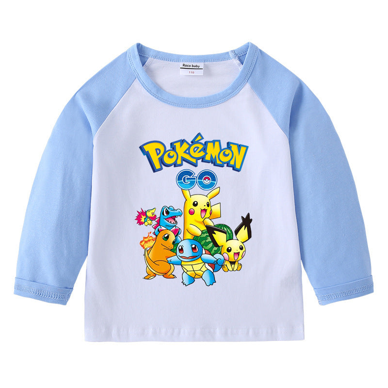Children Pokemon Pikachu Hoodie Spring and Autumn Pikachu Children's Cotton Raglan T-shirt