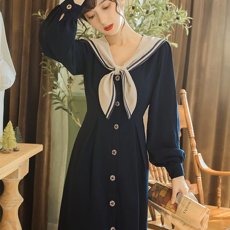 Retro Sailor Collar Bow Blue Dress Autumn Waist-Slimming Long Dress Cottagecore Academia Fashion Dresses