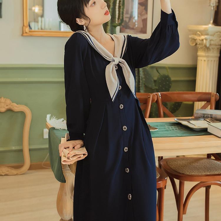 Retro Sailor Collar Bow Blue Dress Autumn Waist-Slimming Long Dress Cottagecore Academia Fashion Dresses