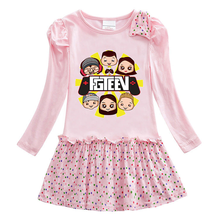 Fgteev Cotton Long-Sleeved Dress Polka Dot Pleated Skirt