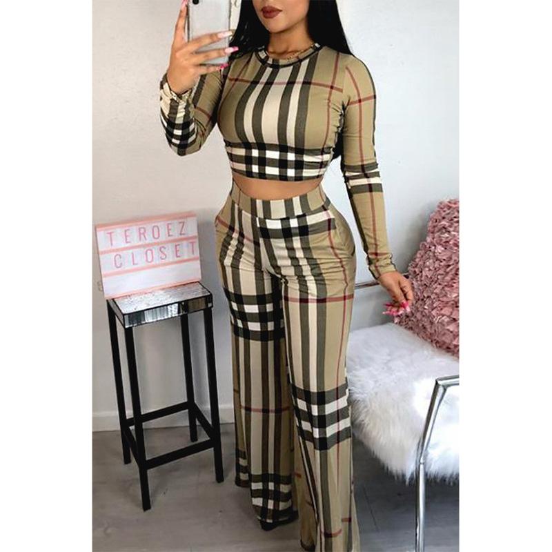Women Plaid Long Sleeve Crop Top & Short Skirt 2 Piece Set Long Sleeve T-shirt Personality Plaid Printed Casual Two-Piece Suit