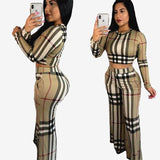 Women Plaid Long Sleeve Crop Top & Short Skirt 2 Piece Set Long Sleeve T-shirt Personality Plaid Printed Casual Two-Piece Suit