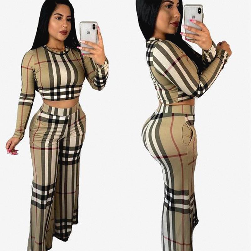 Women Plaid Long Sleeve Crop Top & Short Skirt 2 Piece Set Long Sleeve T-shirt Personality Plaid Printed Casual Two-Piece Suit