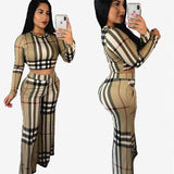 Women Plaid Long Sleeve Crop Top & Short Skirt 2 Piece Set Long Sleeve T-shirt Personality Plaid Printed Casual Two-Piece Suit