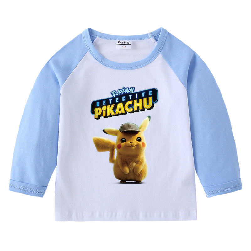 Children Pokemon Pikachu Hoodie Spring and Autumn Children's Cotton Raglan T-shirt round Neck