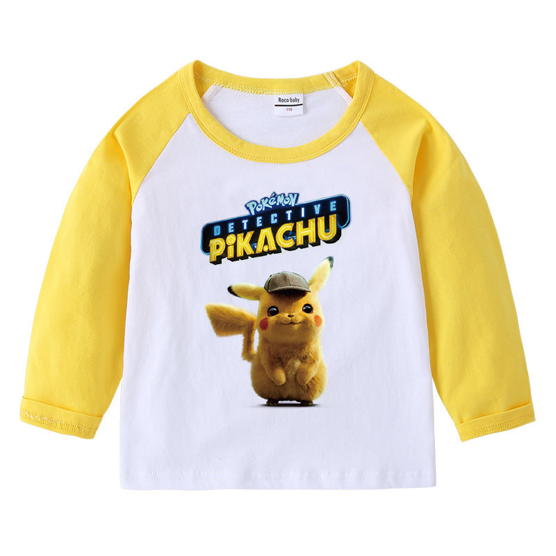 Children Pokemon Pikachu Hoodie Spring and Autumn Children's Cotton Raglan T-shirt round Neck