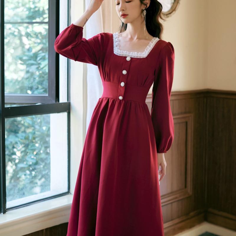Hepburn Style Retro Square Collar Long Sleeve Red cottagecore aesthetic dress
