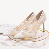 Nude Heels for Wedding White Mesh Lace High Heels Women's Stiletto Heel Wedding Shoes Female Bride Main Wedding Shoes Wedding Shoes