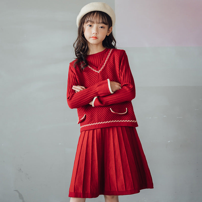 Girls' Dress Autumn and Winter Knitting Woolen Skirt Two-Piece Vest Set Children Dress GIRL'S 2 Piece Set
