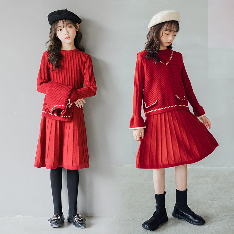 Girls' Dress Autumn and Winter Knitting Woolen Skirt Two-Piece Vest Set Children Dress GIRL'S 2 Piece Set