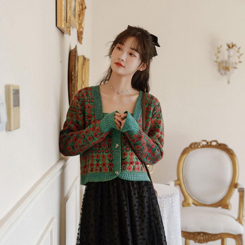 Vintage Floral Square-Cut Collar Puff Sleeve Cottagecore Sweater