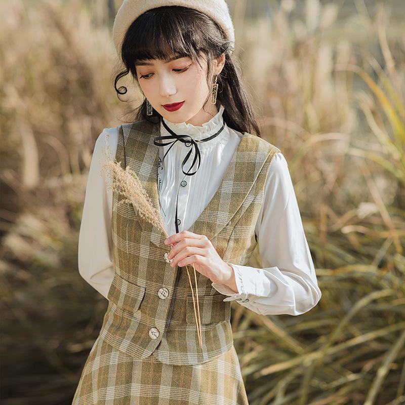 Retro Plaid Vest Skirt Suit & Embroidered Shirt 3 Piece Set Cottagecore Outfit