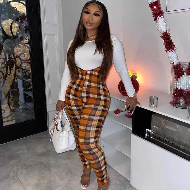 Women Plaid Catsuit Women Checkered Jumpsuit Women's Sexy Print Plaid Sling Waist Trimming Casual Jumpsuit