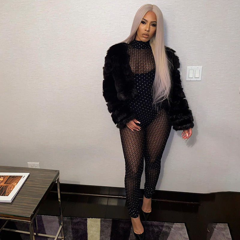 Winter Solid Color Sheer Cutout Embellished Long Sleeve One-Piece Trousers