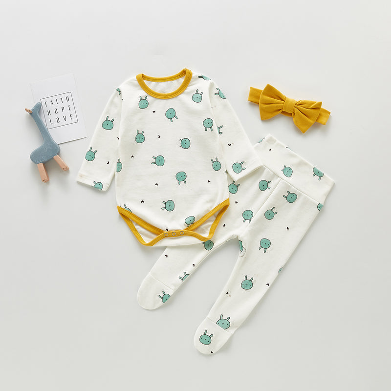 Spring Rompers Cartoon Printed Romper Pantyhose Headscarf Three-Piece Set