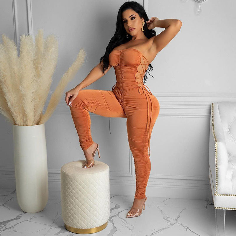 Winter Solid Color Pleated Backless Midriff Outfit Lace-up off-Shoulder Tube Top Jumpsuit