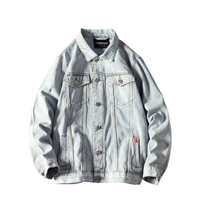 Denim Varsity Jacket Fleece-Lined Denim Jacket Men's Washed Slim-Fit Thickened Coat Men's Autumn Jacket