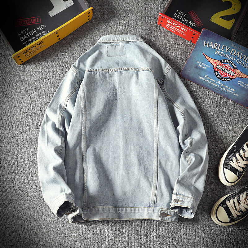 Denim Varsity Jacket Fleece-Lined Denim Jacket Men's Washed Slim-Fit Thickened Coat Men's Autumn Jacket